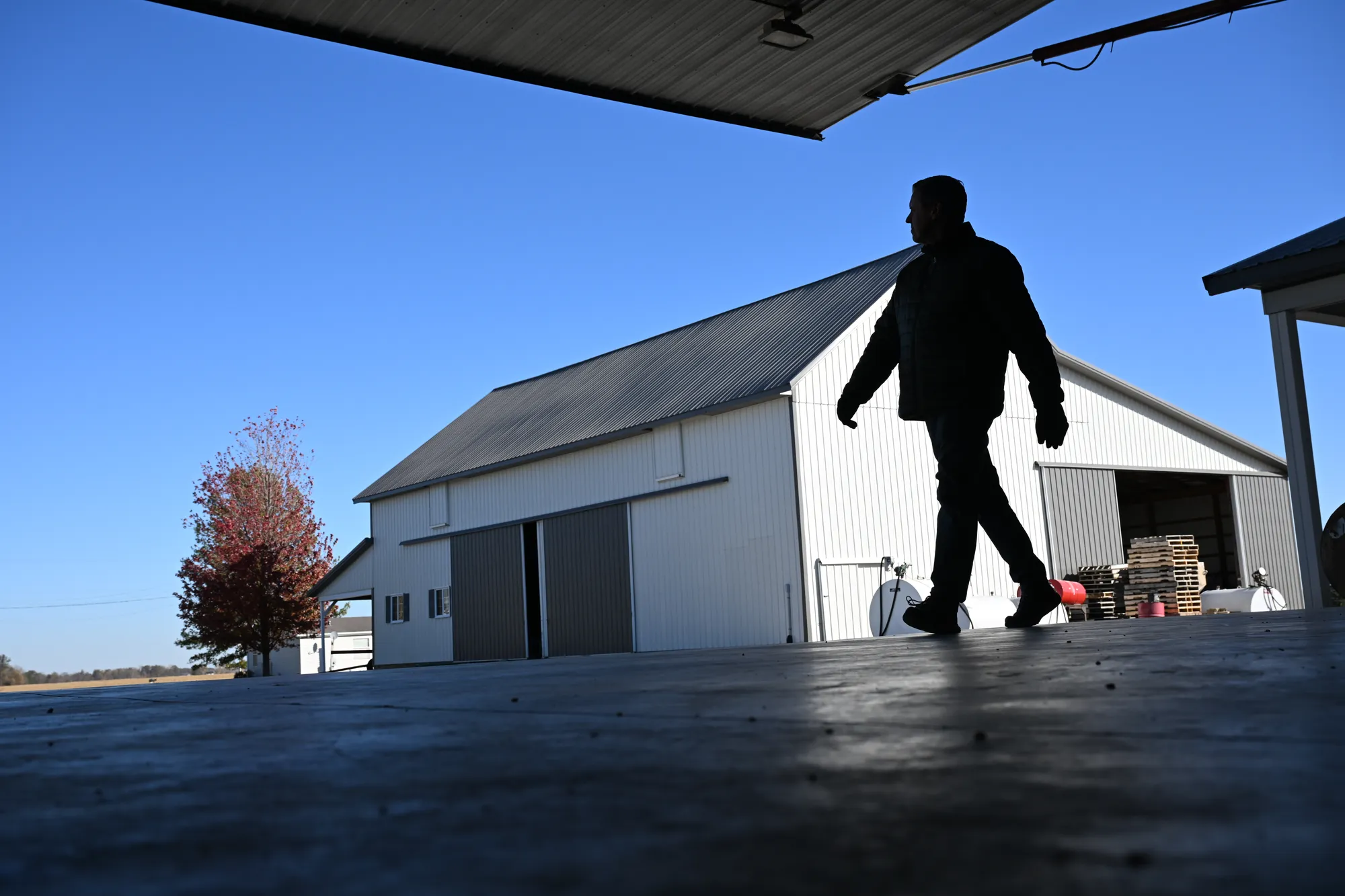 Indiana soybean farmer crossing a farmyard in front of a white equipment shed.