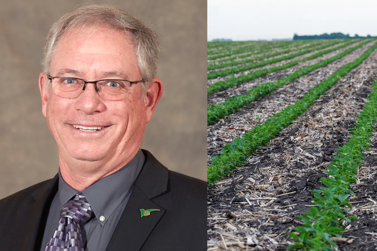 Lance Rezac, a Kansas soybean farmer and United Soybean Board farmer-leader, pictured alongside a field of young soybean plants.
