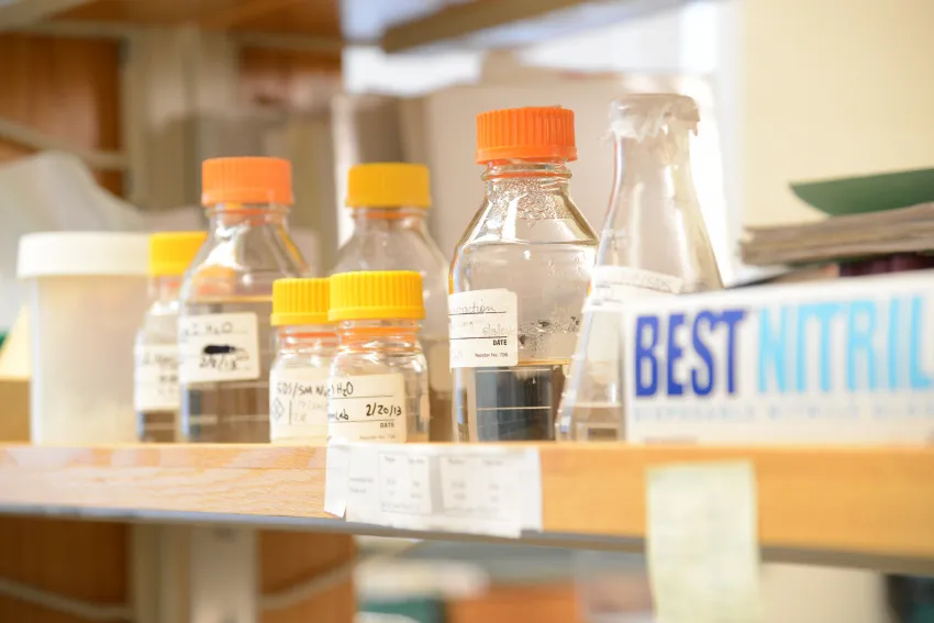 Laboratory shelf holding several labeled glass bottles and containers filled with clear liquids for research and testing.