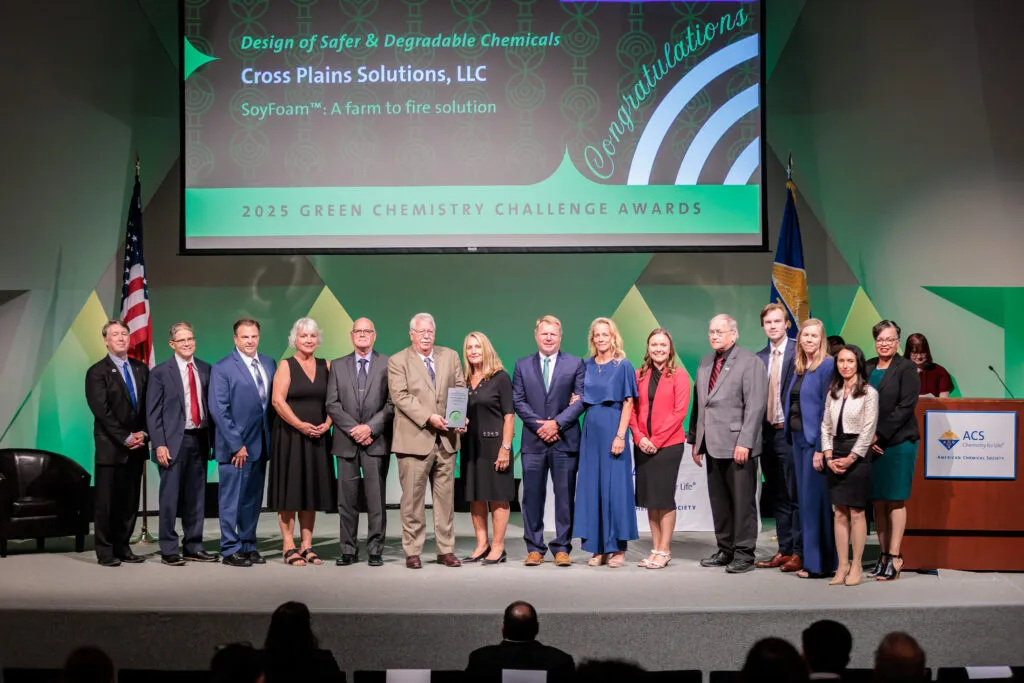 A group of award recipients and presenters standing on stage during a 2025 awards ceremony.