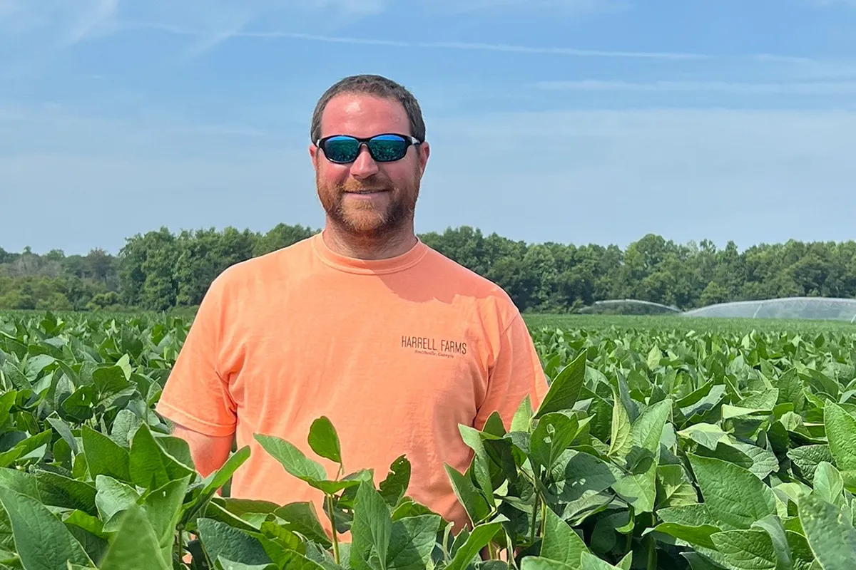 Farmer standing in a soybean field.