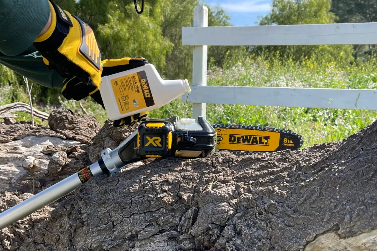 Soy-based bar and chain oil being applied to a DEWALT chainsaw.