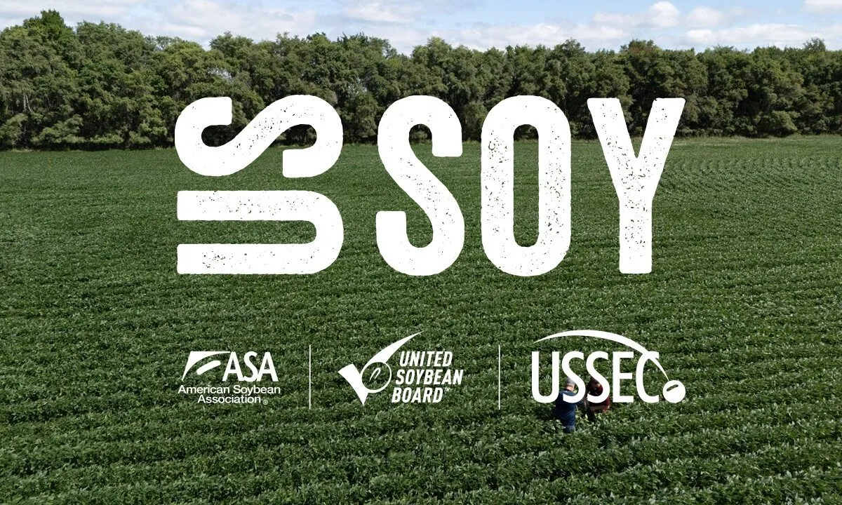 Soybeans growing in a field with the U.S. Soy logo and partner organization logos for ASA, United Soybean Board and USSEC.