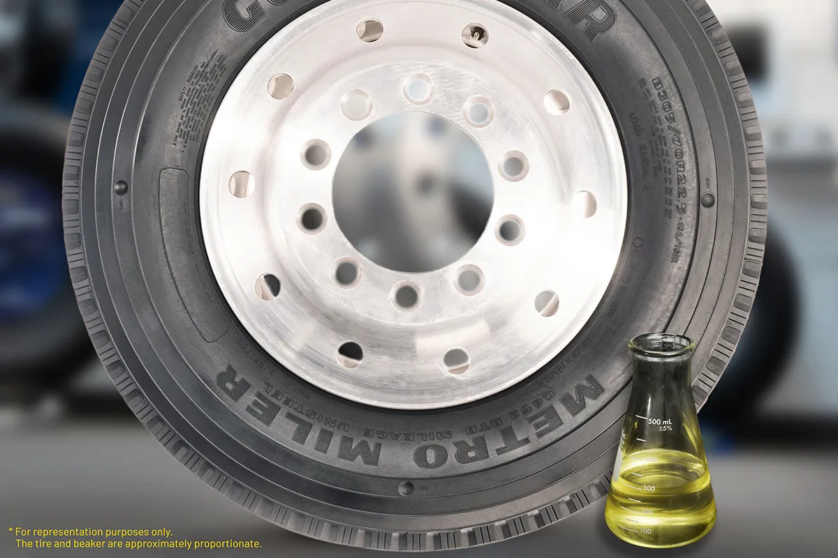 Goodyear Metro Miler tire made with soybean oil next to a flask of soybean oil.