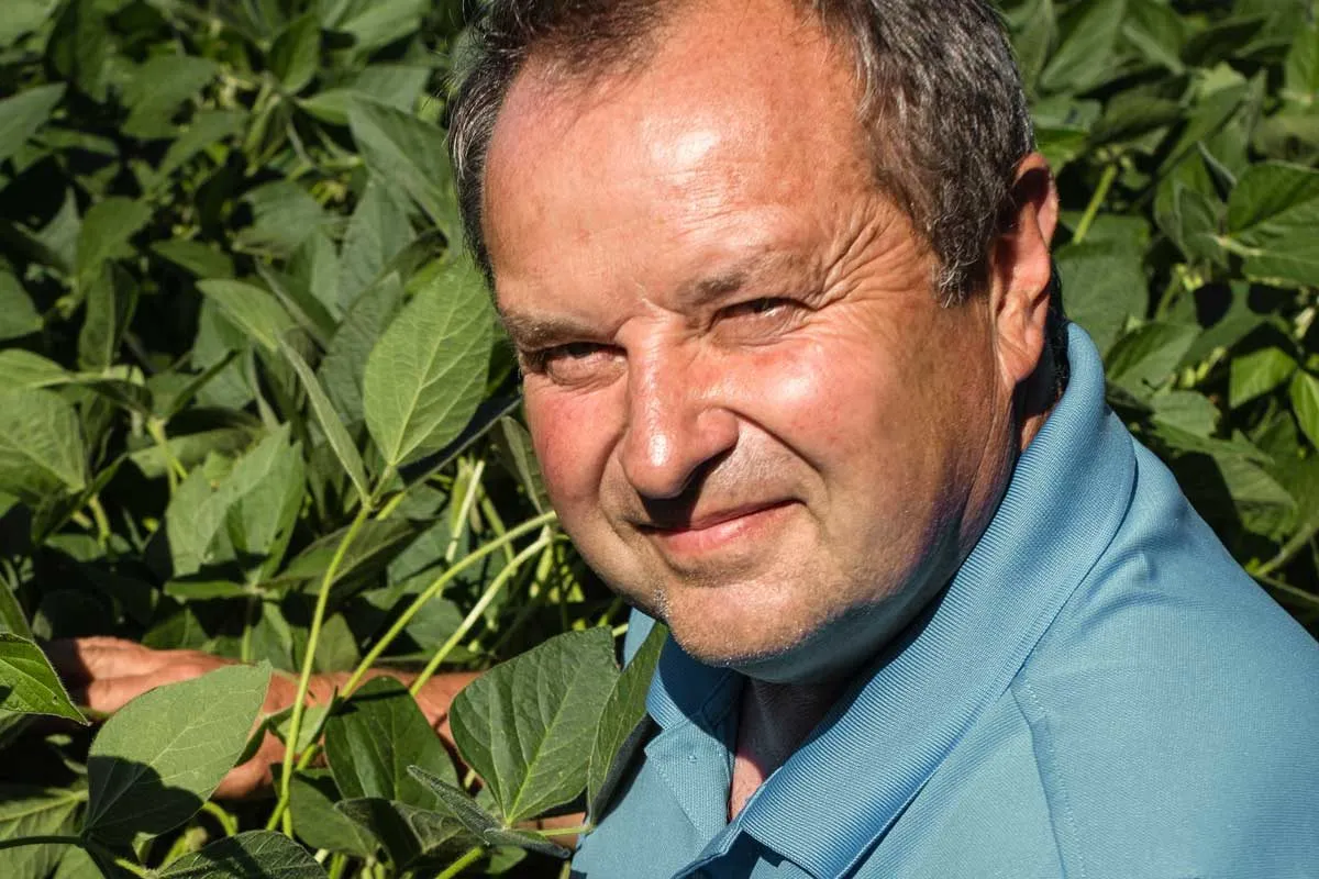 Farmer standing among green soybean plants in a field.