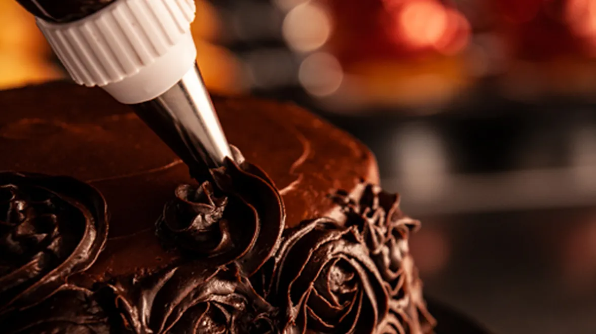 Chocolate cake being decorated with piped frosting roses, representing high oleic soybean oil use in food production.