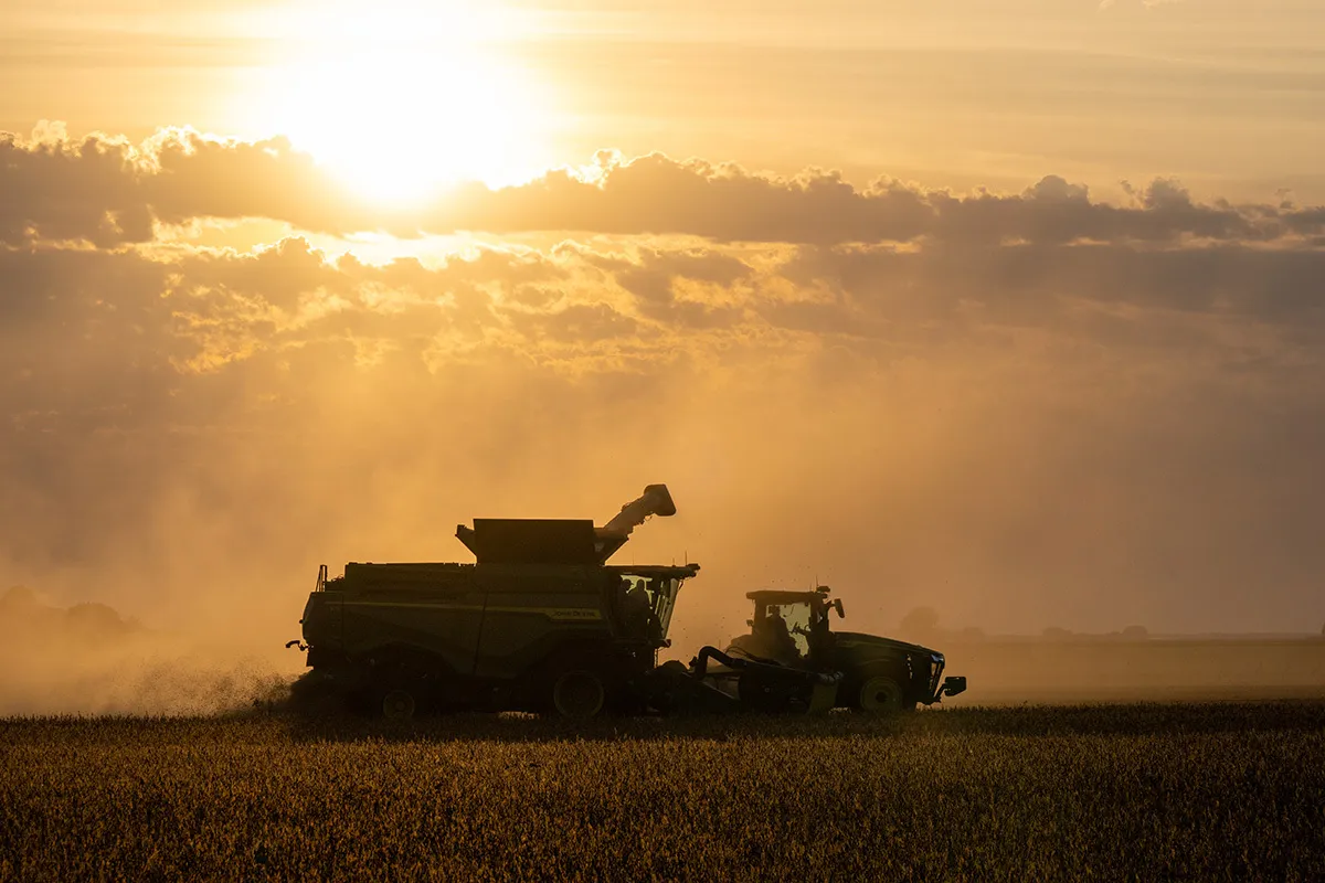 Combine and tractor harvesting a field at sunset.
