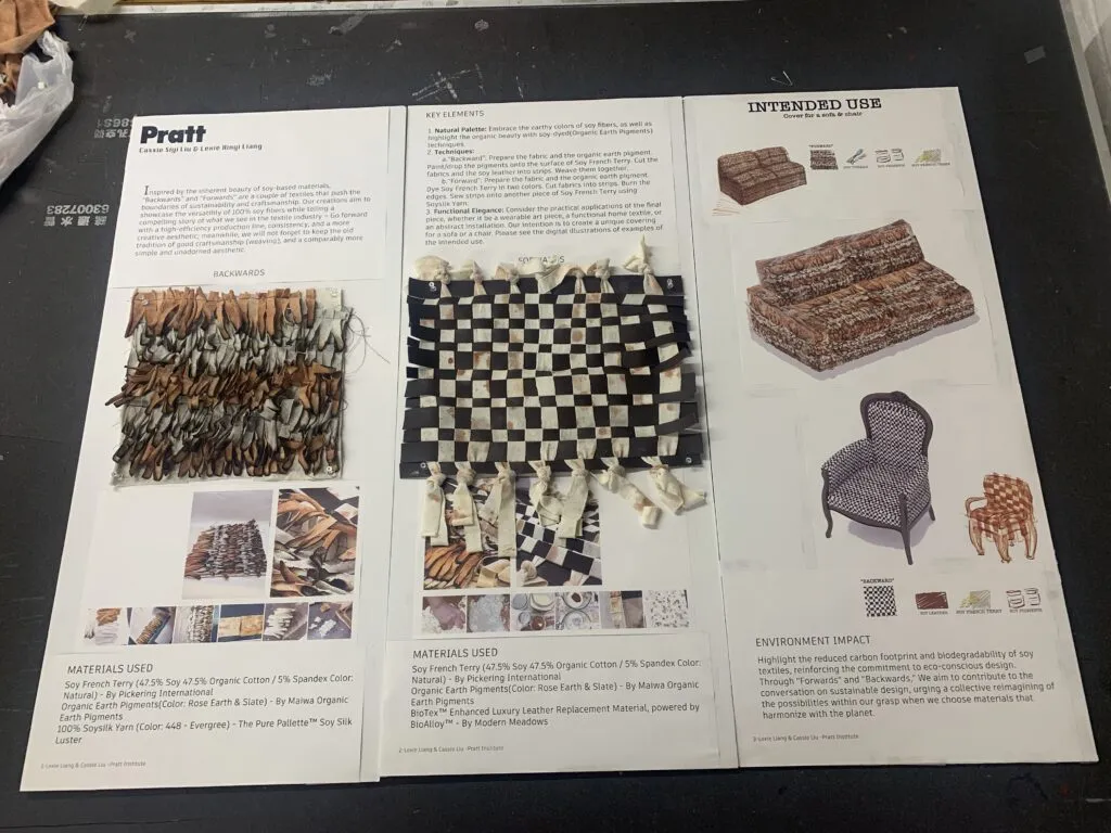 A display board featuring swatches of soy-based textile designs, material descriptions, and intended uses such as upholstery and furniture.