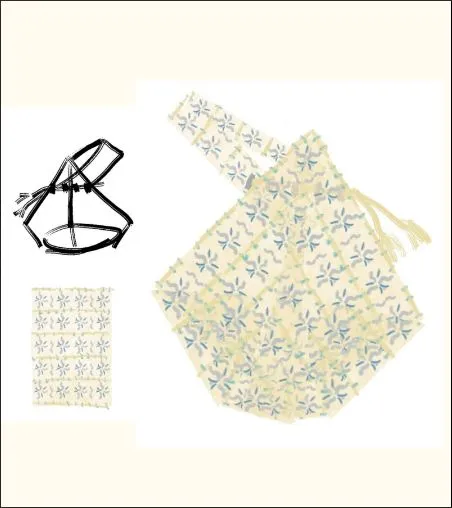 A patterned textile bag with a geometric floral design in soft yellow and blue tones, shown alongside its fabric swatch and strap detail.