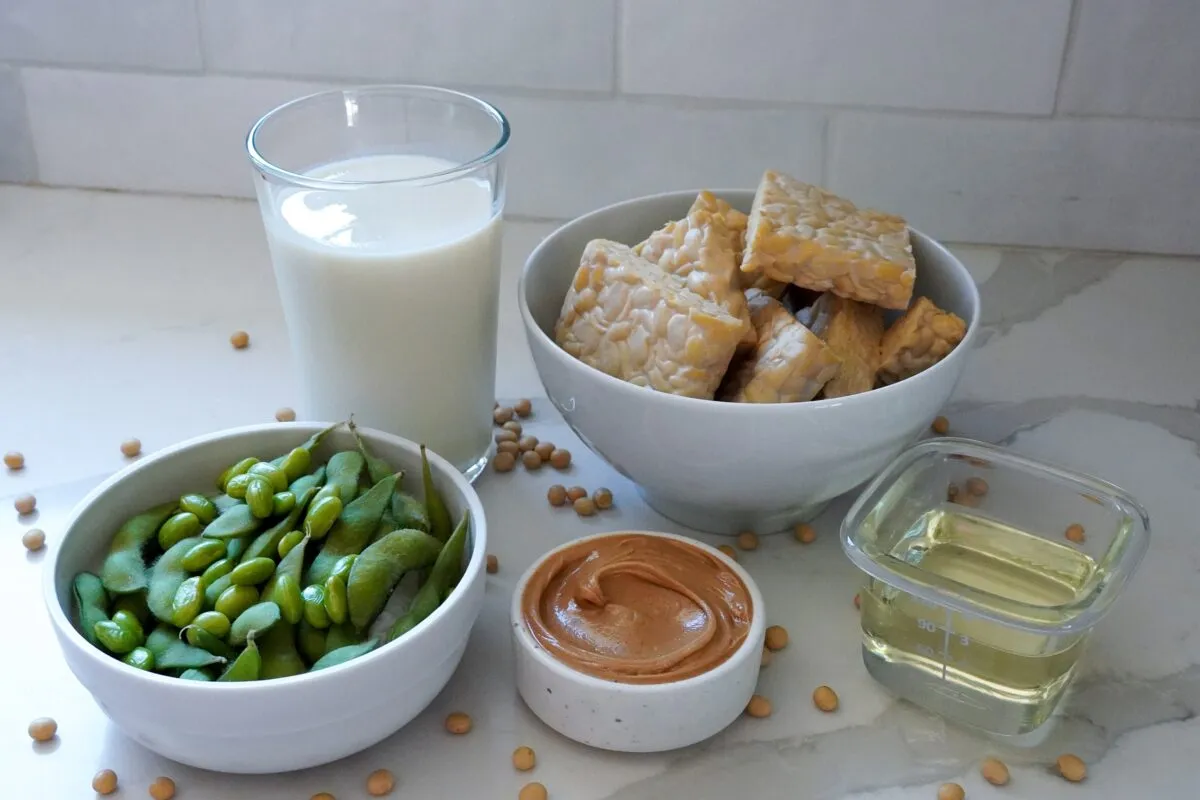 Soy-based foods and ingredients, including soy milk, tempeh, edamame, soy oil and peanut butter.