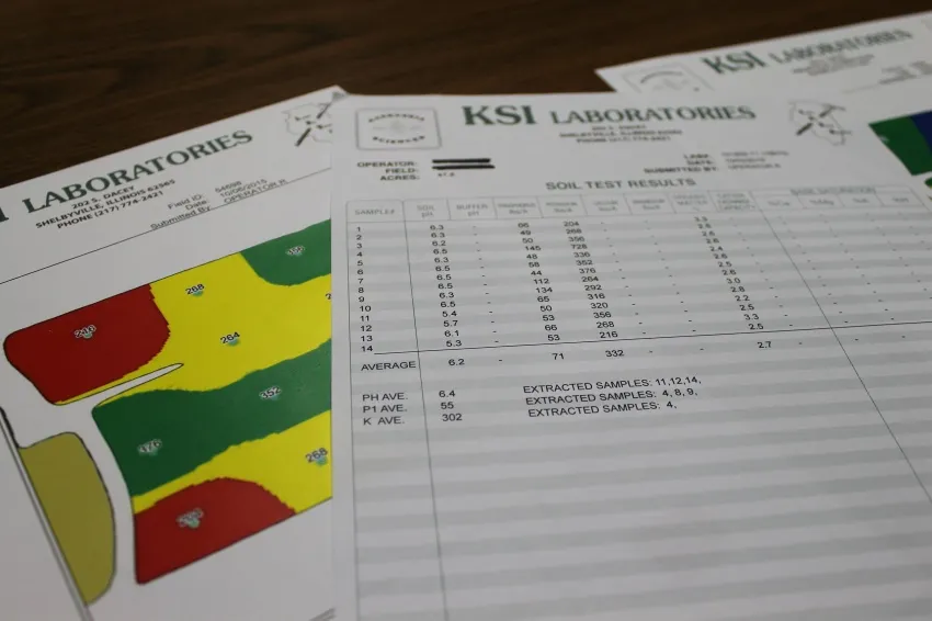 Soil test results and field maps displayed on laboratory reports.