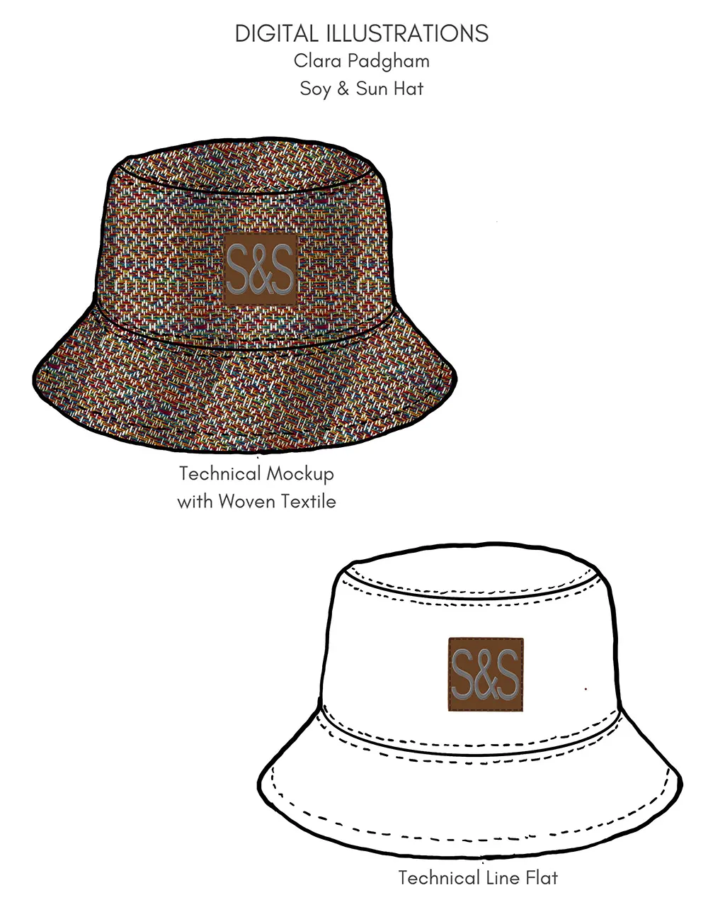 Technical illustrations of a bucket hat featuring a woven textile design and S&S logo.
