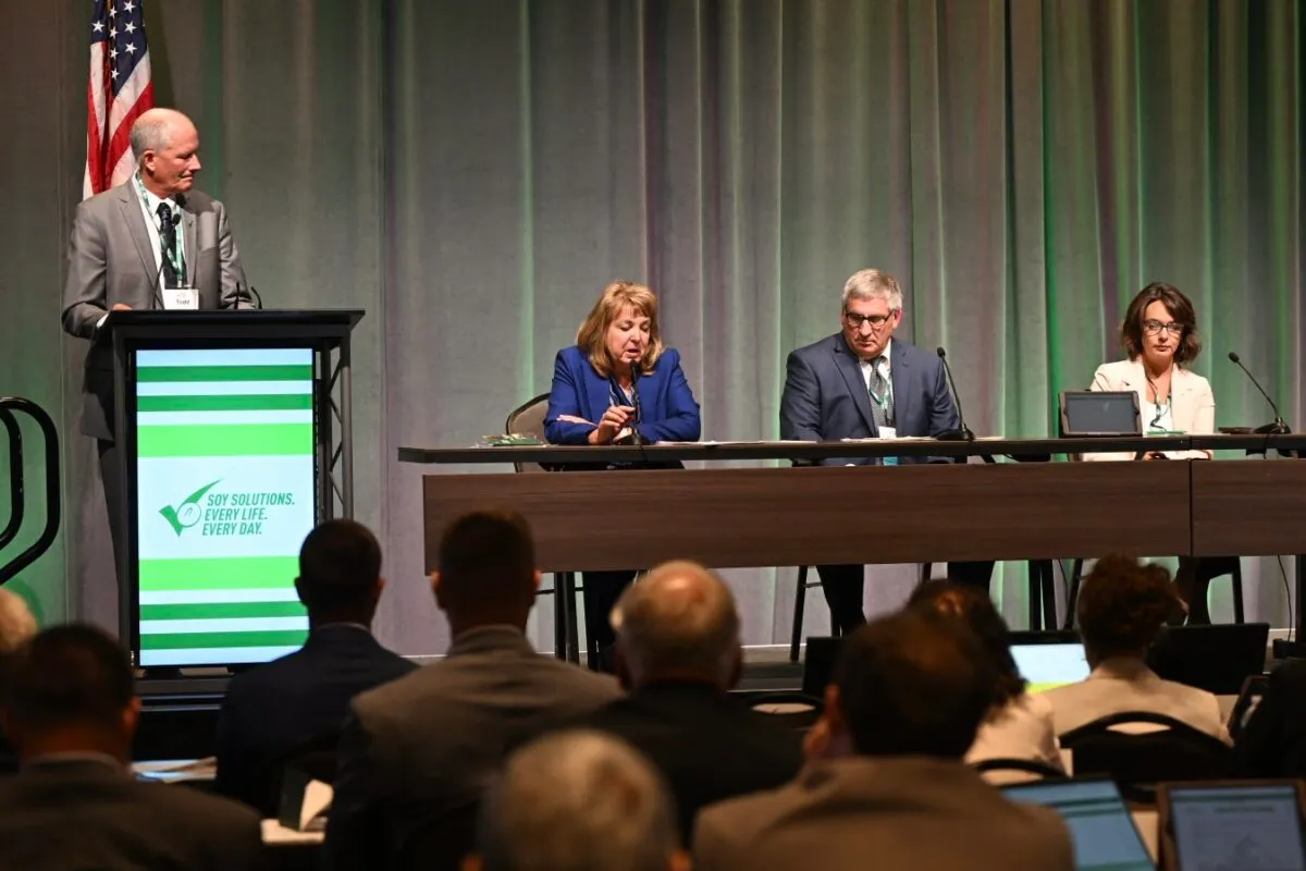 U.S. Soybean Board members participate in a panel discussion during a board meeting.