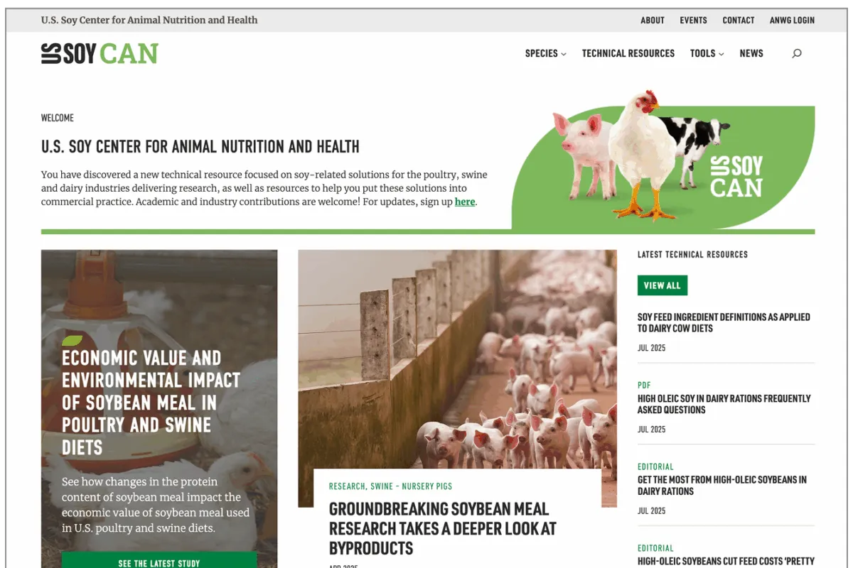 U.S. Soy Can website featuring resources for animal nutrition and health.
