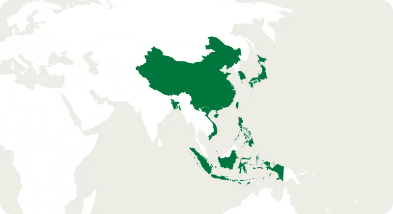 Map highlighting China, Japan, South Korea, Southeast Asia, and other key markets in East and Southeast Asia.