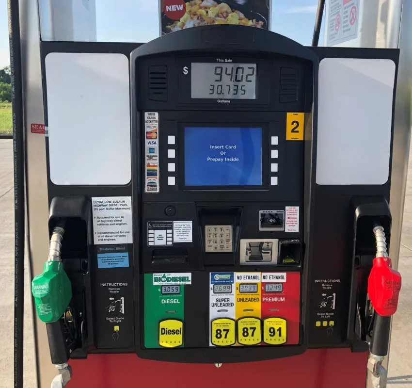 Fuel pump offering biodiesel, diesel, unleaded and premium fuel options.