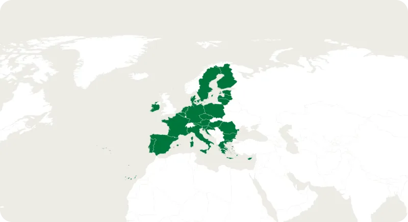Map highlighting European countries across the European Union and surrounding regions as key international markets.