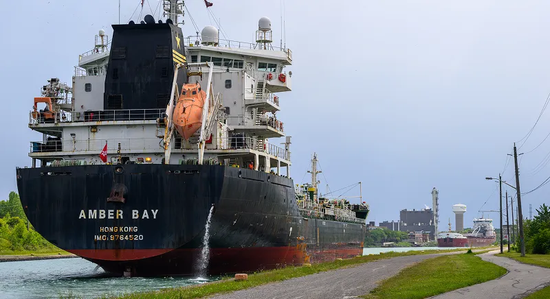 Cargo ship at sea using soy-based biodiesel fuel in maritime transportation.