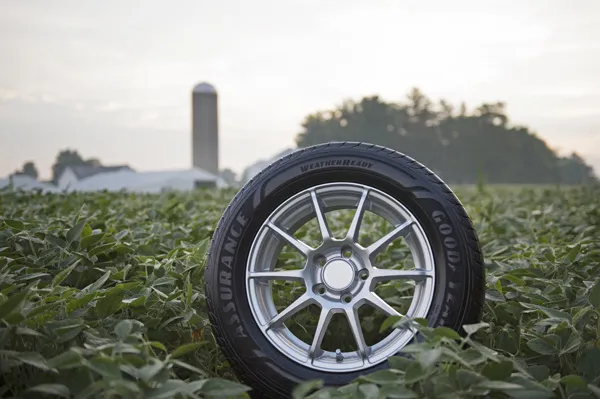 Goodyear Assurance WeatherReady tire with a silver wheel displayed upright among green soybean plants, with a farm and silo visible in the background.