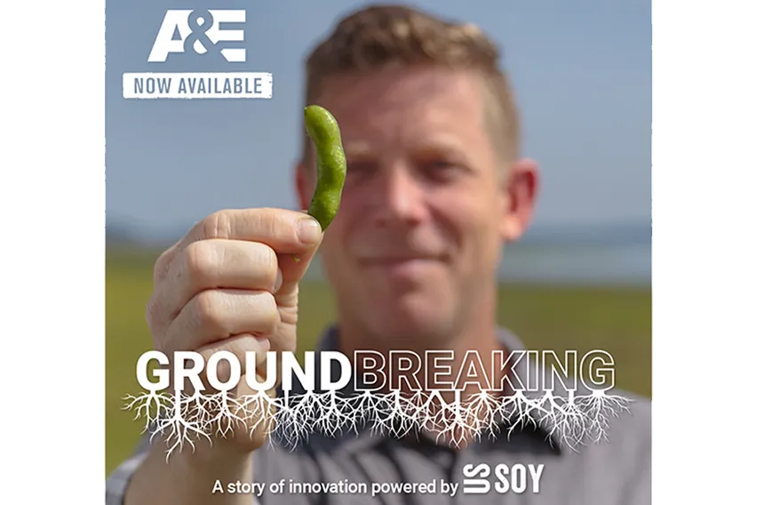 Promotional graphic for the A&E documentary GroundBreaking: A Story of Innovation, featuring a soybean pod and imagery of soybean roots.