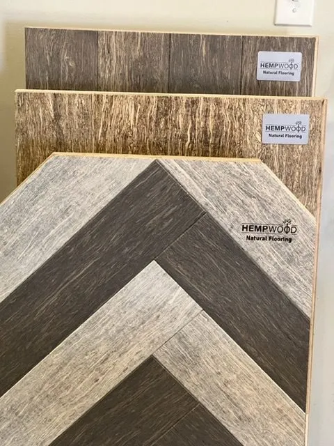 Display boards showing various patterns and color options of HempWood natural flooring.
