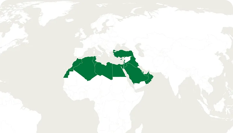 Map highlighting the Middle East and North Africa as key international markets.
