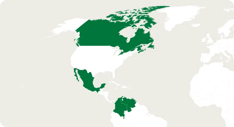 Map highlighting Canada, Mexico, Central America, and parts of South America as key markets across the Americas.