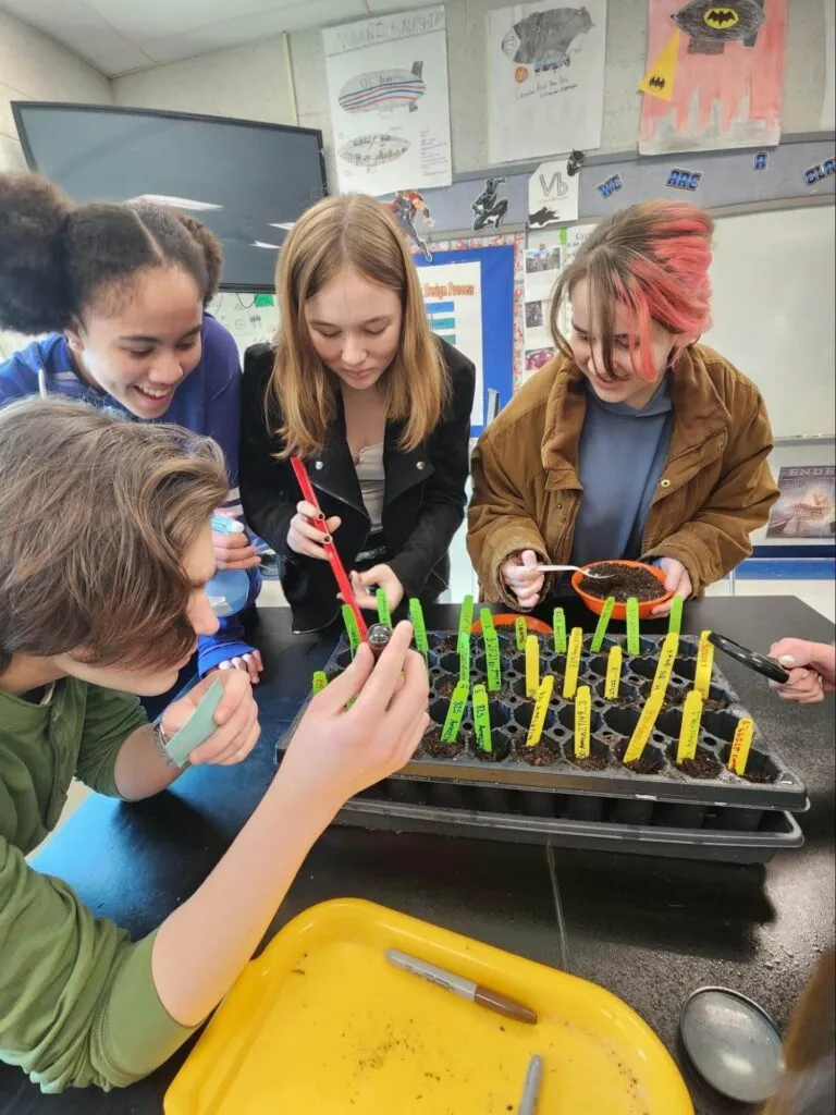 Students gathered around a tray of labeled seedlings, planting and examining soil.