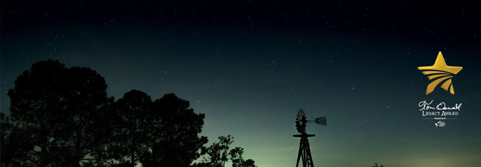 A starlit sky glowing over a farm.